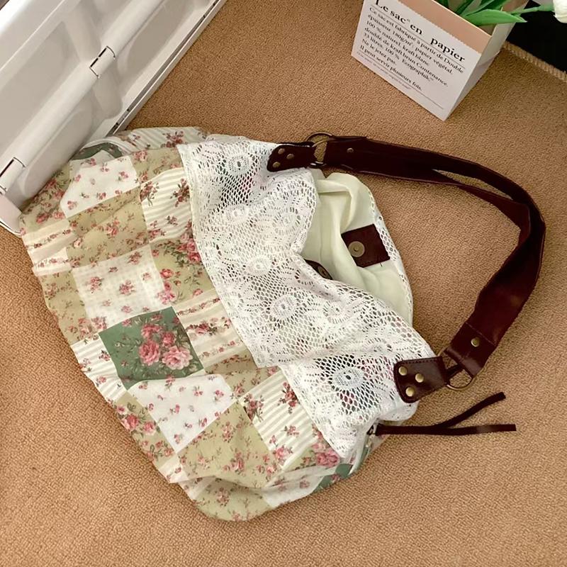 Floral Patchwork Canvas Shoulder Bag Vintage Lace Trim Hobo Bag Large Capacity For Commute & Travel Women Lightweight Handbag