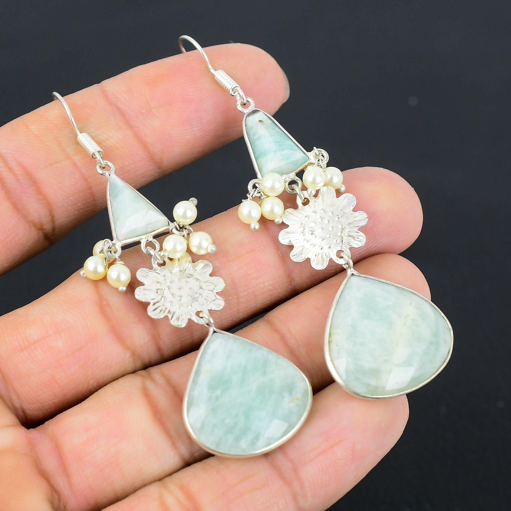 

Natural Amazonite Gemstone 925 Sterling Silver Drop/Dangle Earrings For Girls