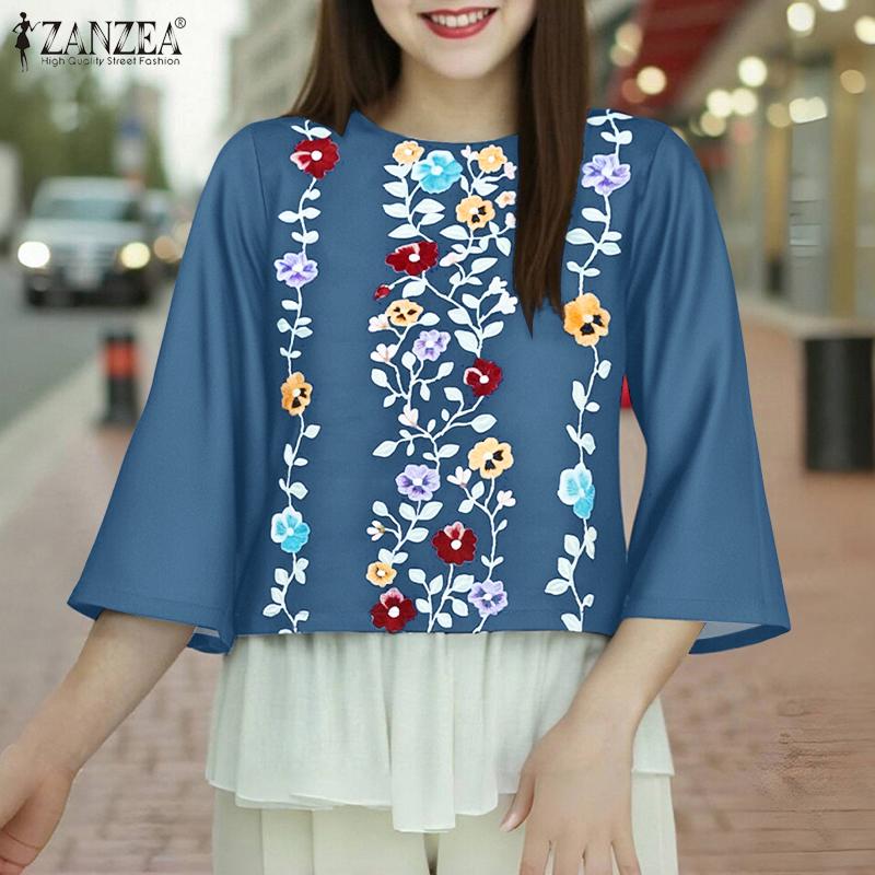 

ZANZEA Women Floral Print Casual Round Neck 3/4 Sleeve Loose Blouse S синий