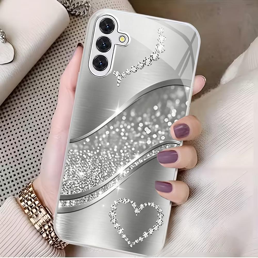 Silver Flash Love Wind Glass Phone Case Suitable for Samsung Galaxy S26 S25 S24 S22 S21 S20 FE/Ultra/Plus Anti Drop Back Cover