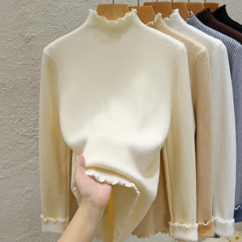 Half High Collar Warm Fleece Pullover Sweaters for Women Autumn and Winter Thick Knitted Sweater Solid Base Long Sleeve Casual Ladies Knitwears 24951
