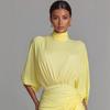 Women'S Yellow Pleated Waist Temperament Dress High Neck Long Dress
