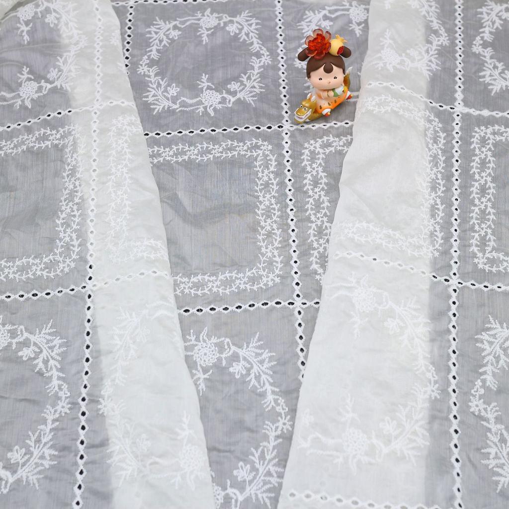 Quten Silk Embroidered Hollow Fabric, Retro Milk Silk Embroidered Fabric, Embroidered French Plaid Clothing Fabric