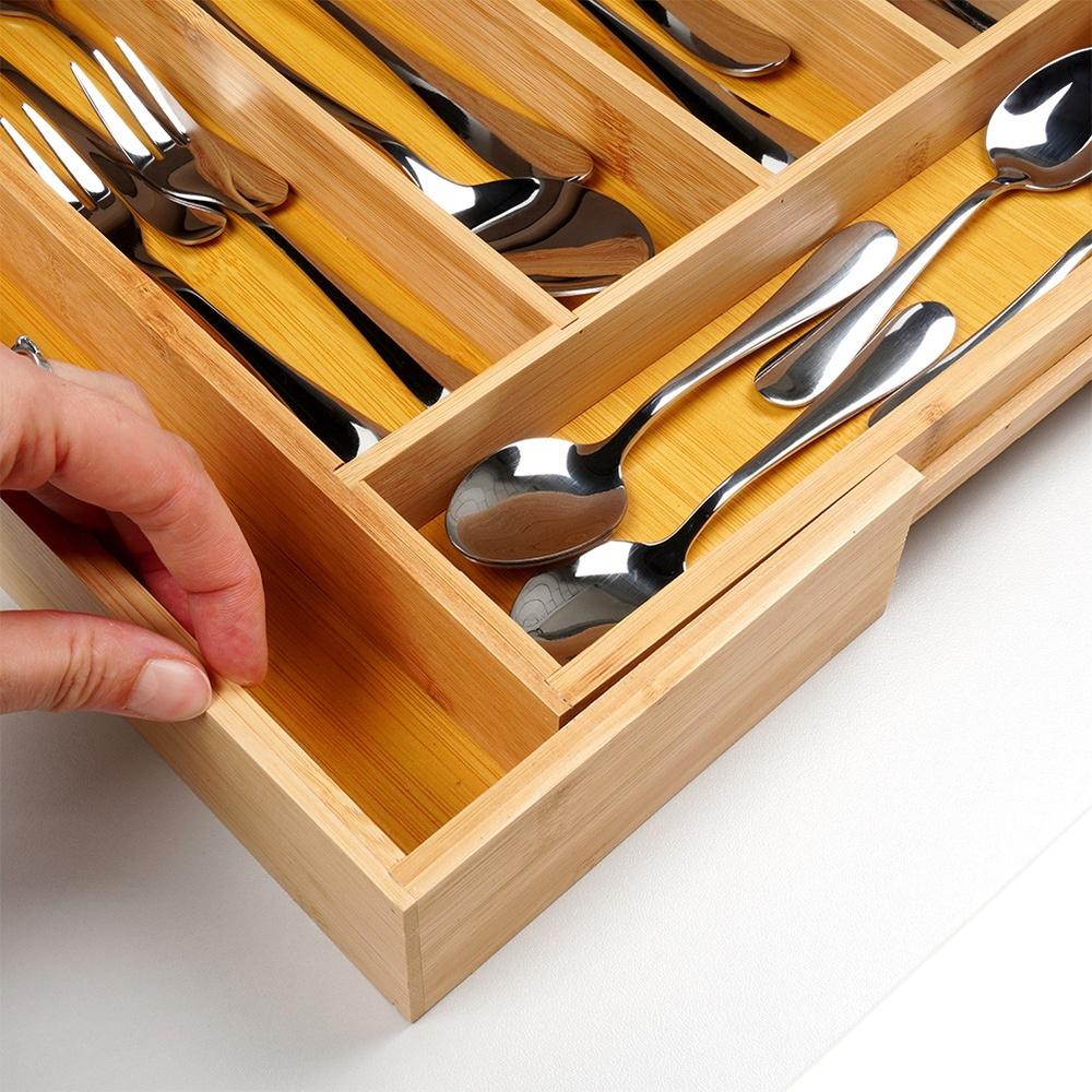Bamboo Insert for Cutlery, Drawer Utensils, Extendable, Adjustable, XL