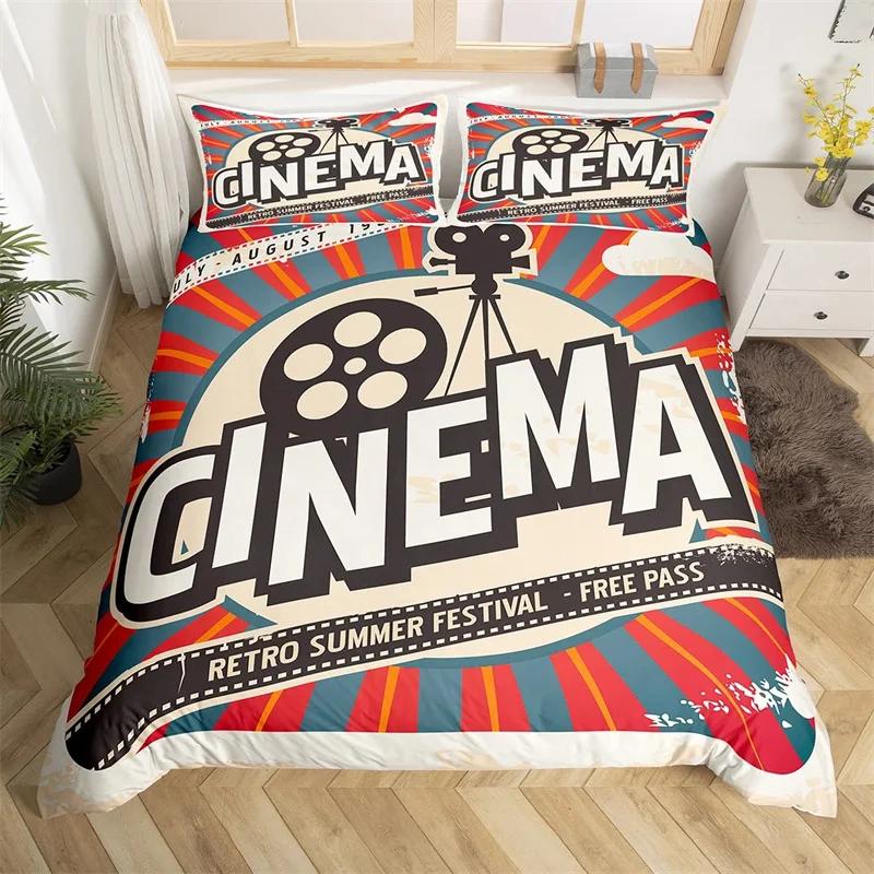 Movie Time Duvet Cover Set Cartoon Popcorn Bedding Set Microfiber Film Pattern Comforter Cover Home Theater Decor Queen Bed Set