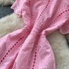Elegant Summer Midi Dress for Women O-Neck High Waist Solid Spliced Lace with Embroidered Flowers Long Dress New Fashion