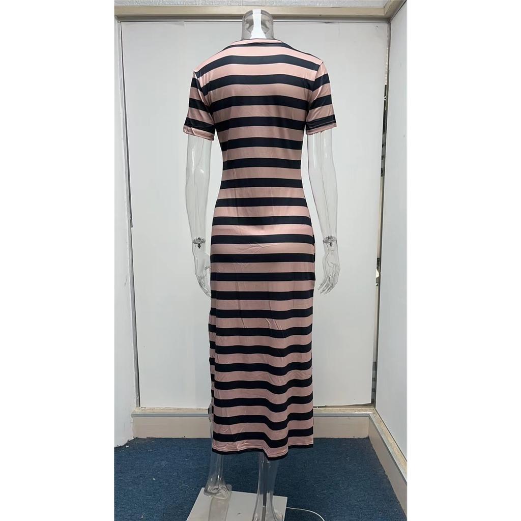 Women's Dress Short-sleeved V-neck Loose Striped Print Slit Long Dress