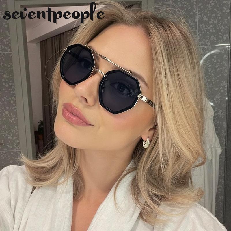 Classic Steampunk Octagon Sunglasses Women  Luxury Brand Vintage Polygon Double Beam Sun Glasses For Ladies Punk Eyewear