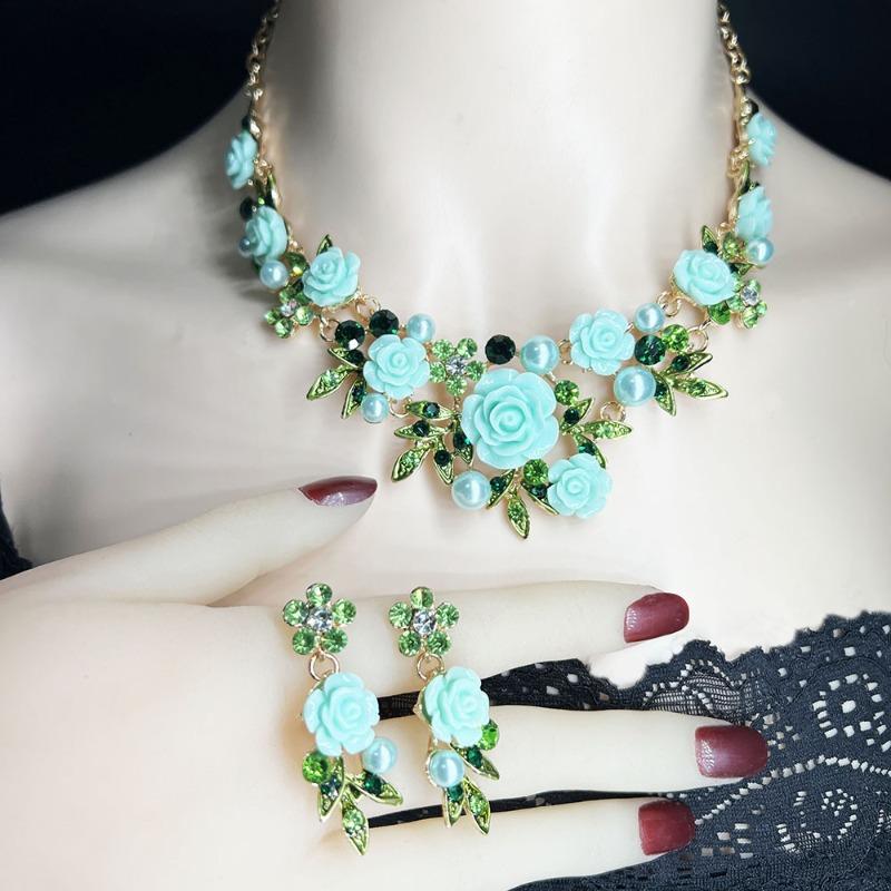 2026 Romantisches Rosenblüten Schmuckset Choker Halskette Ohrstecker für Damen Hochzeitsfeier Valentinstagsgeschenk