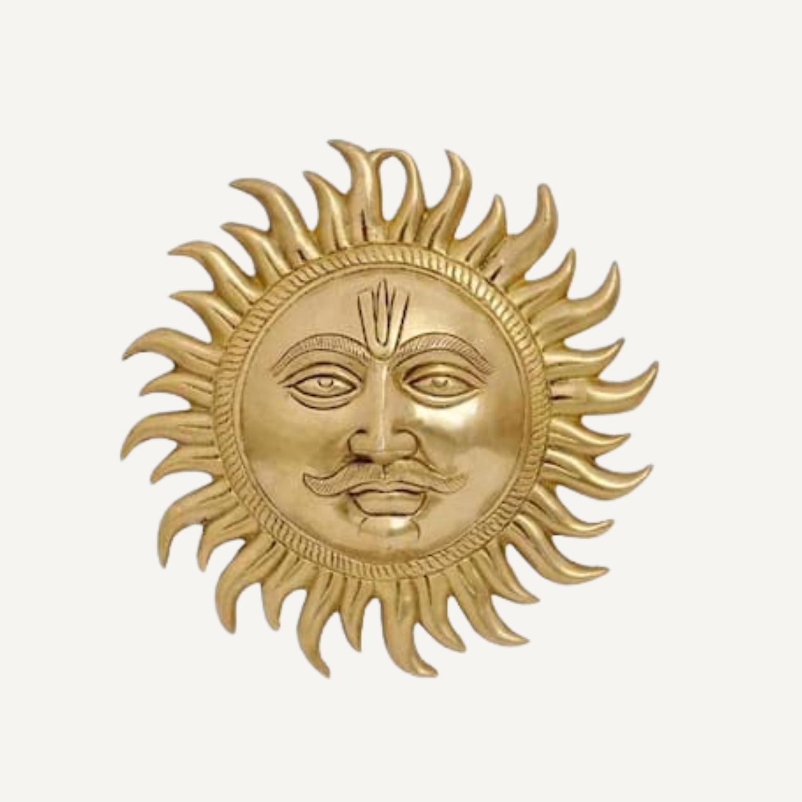 

Ashtadhatu Mix Brass Made Wall Hanging Sun Idol, Surya Narayan Idol - 16 Cm