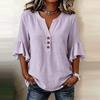 Summer V Neck Women T-Shirts 3/4 Sleeve Button Shirt Blouse Women Casual Solid Color Loose Tops Female Oversized Shirts