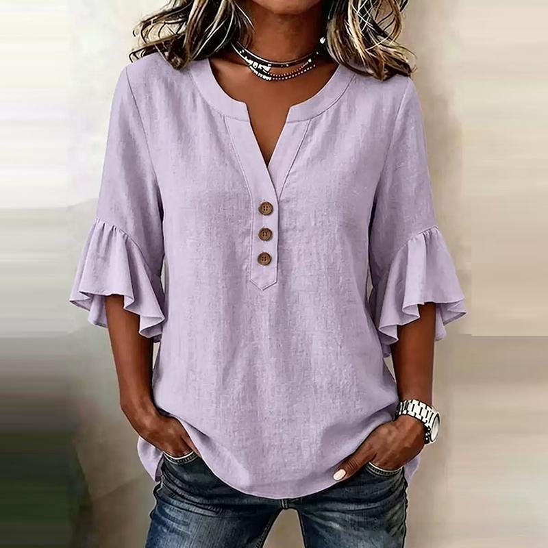 Summer V Neck Women T-Shirts 3/4 Sleeve Button Shirt Blouse Women Casual Solid Color Loose Tops Female Oversized Shirts