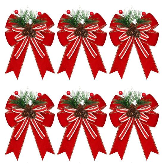 Christmas Burlap Plaid Bow with Pine Cones Pine Needles Large Buffalo Plaid Bow Xmas Wreath Checkered Bow for Holiday Crafts Home Party Tree Decor