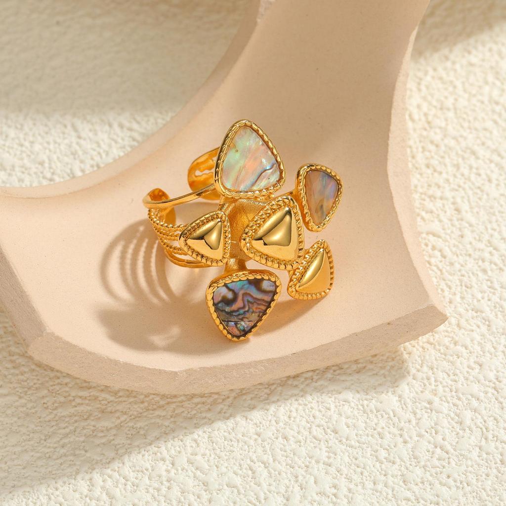 18K Gold European and American Stainless Steel Open Ring with Geometric Abalone Shell Design for Women