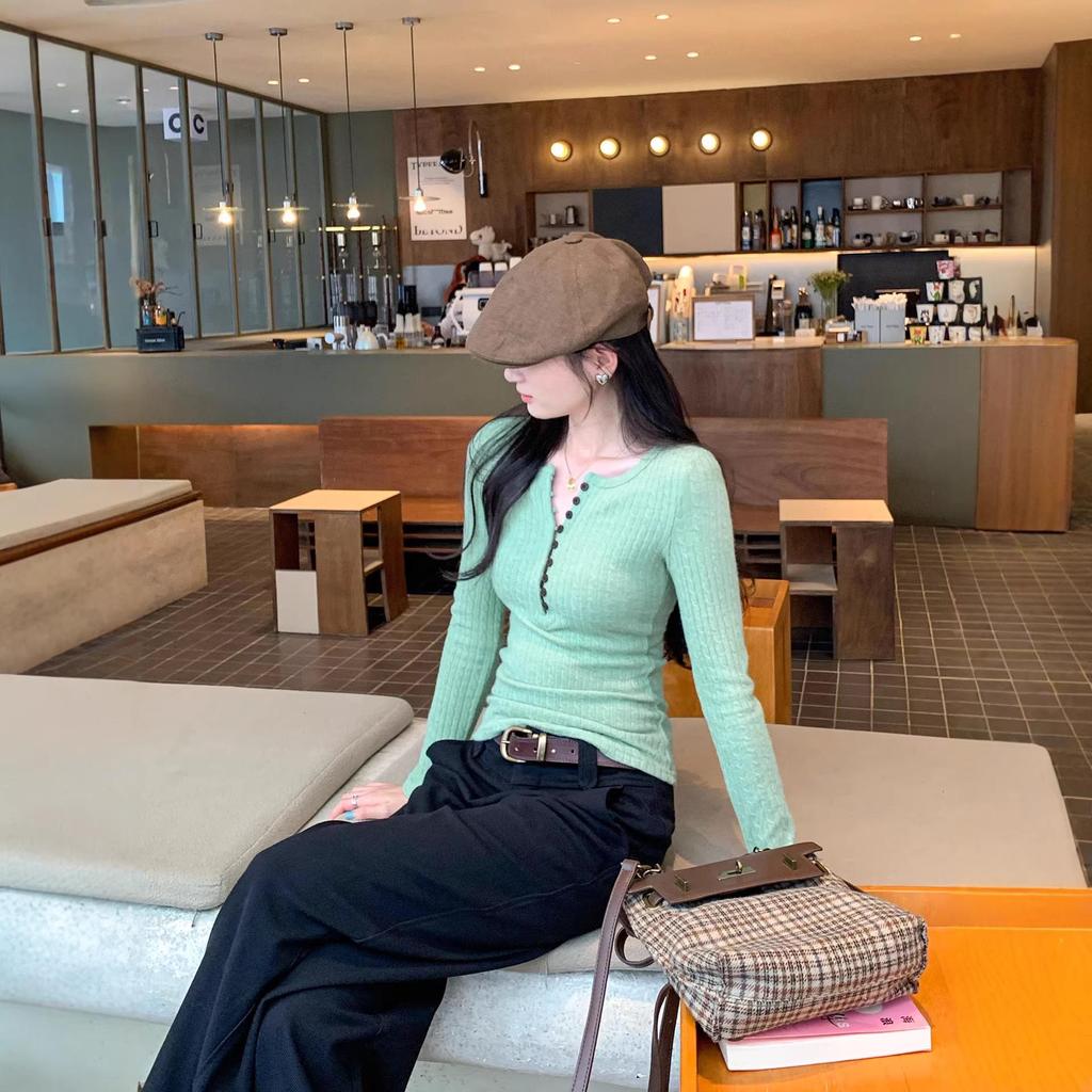 Henley Collar Cable Knit Slimming Base Layer Top for Women - Autumn/Winter Elegant Slim Fit Long Sleeve