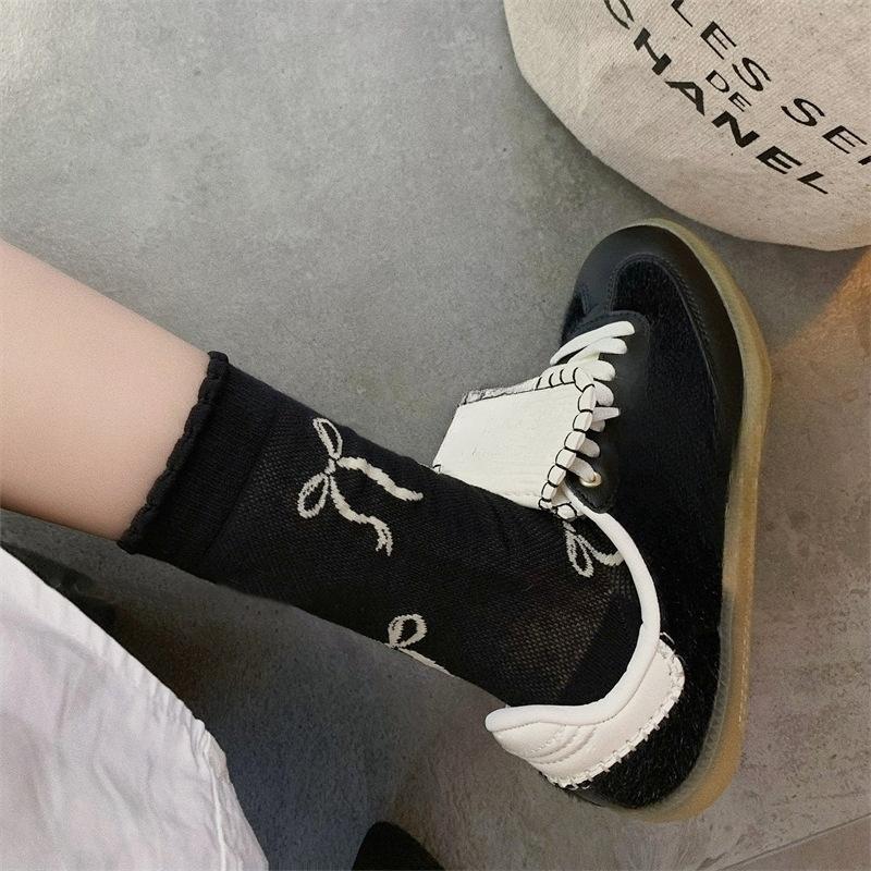 

Летние носки до середины икры с бантом и кружевом для женщин, Модные и стильные тонкие носки из стекловолокна в традиционном китайском стиле, в балетном стиле 1 pair чёрный