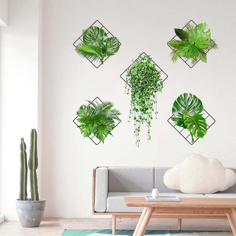 Sticker Mural Autocollant Imperméable Amovible avec Fleurs Simulées et Plantes Vertes pour Décoration Intérieure de Salon et Chambre