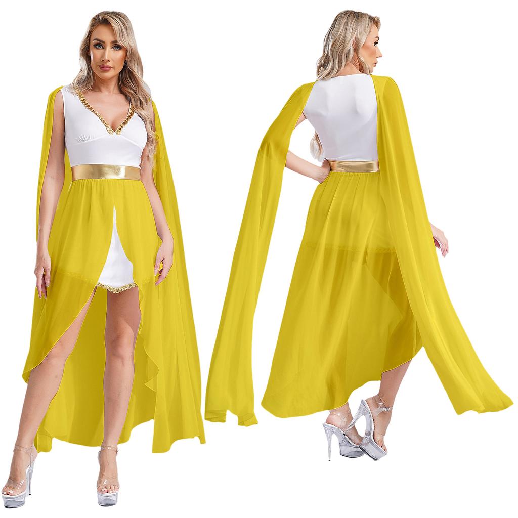 Damen Halloween Cosplay Themen Griechische Prinzessin Königin Kleid Damen V-Ausschnitt Cape Ärmel Pailletten Split Kleid Cosplay Kostüm Römisches Toga Kleid