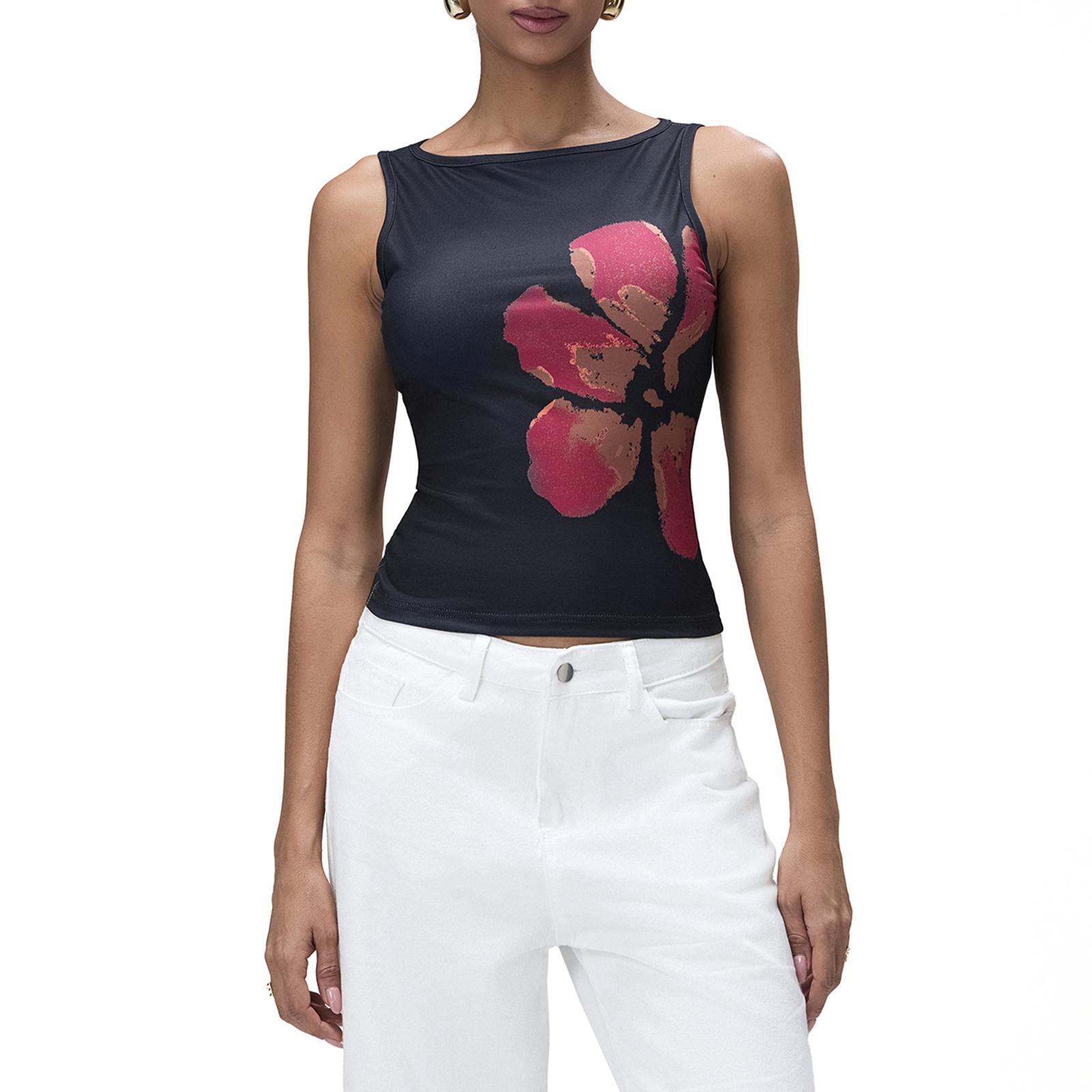 

Женские укороченные топы без рукавов с цветочным принтом, летние топы без рукавов для клубных вечеринок S чёрный