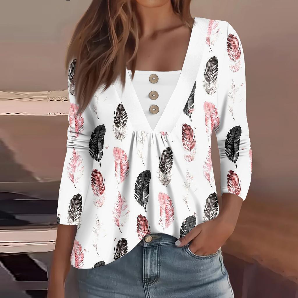 Dámská móda ležérní košile s dlouhým rukávem s květinovým potiskem, knoflíky do V s výstřihem