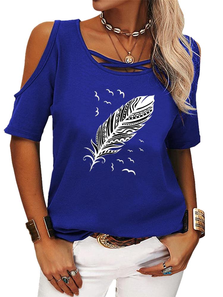 Women Fashion Short Sleeve T-shirt Casual Round Collar Summer Print Off Shoulder Top