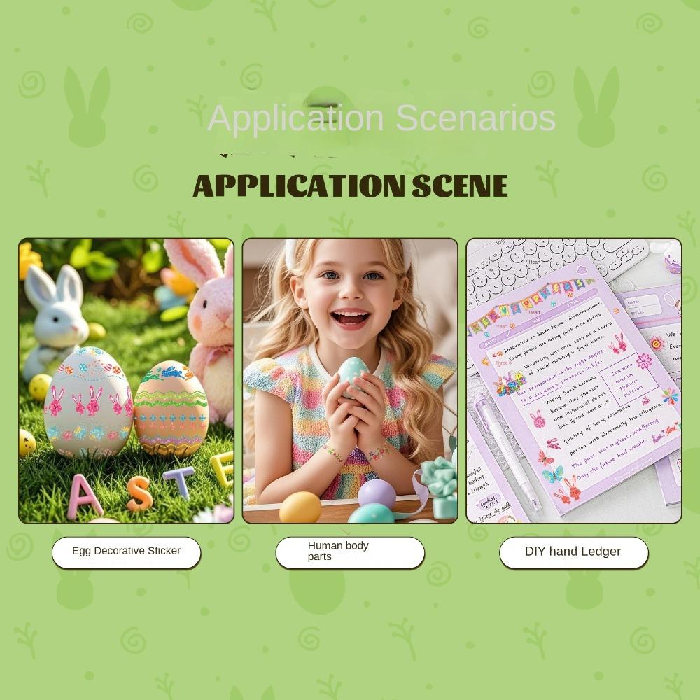 16 Sheets Disposable Easter Egg Stickers Cartoon Bunny Flower Colorful Stripes Tattoo Stickers Glitter Stationery Stickers