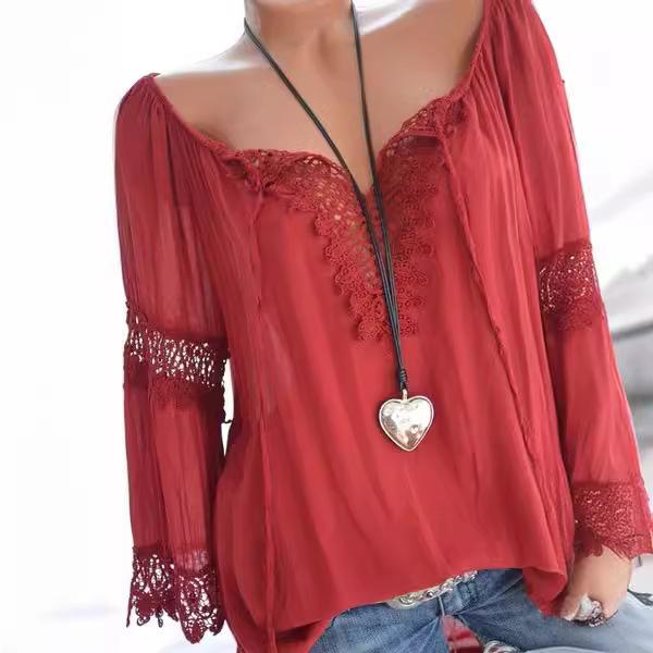 Ladies Summer Flare Sleeve Solid Color Lacework Pullover Shirt Top