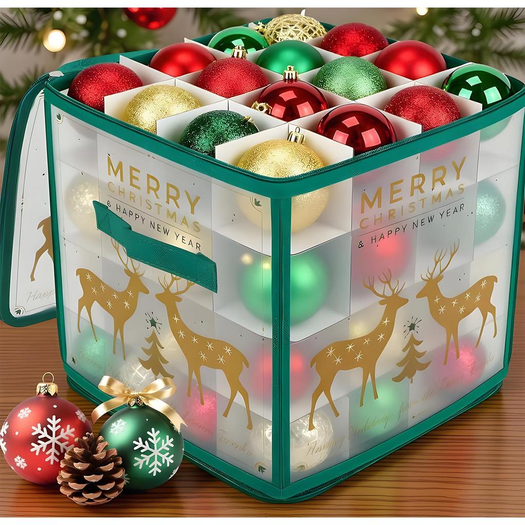 Christmas Ornament Storage Box 64-Grid Seasonal Decorative Ball Organizer Christmas Ornament Keeper with Dividers