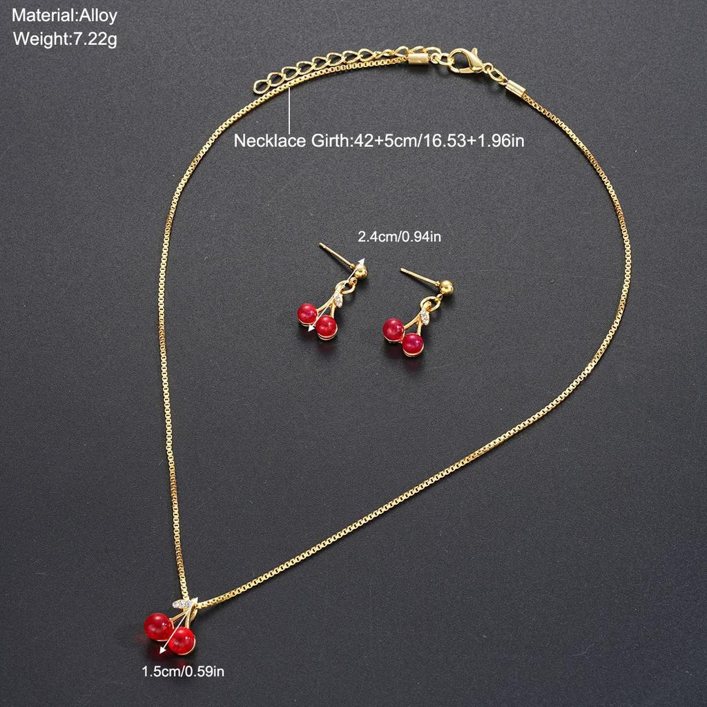 Niche Design Diamond Red Cherry Pendant Necklace Earrings Set Fashion Versatile Accessories
