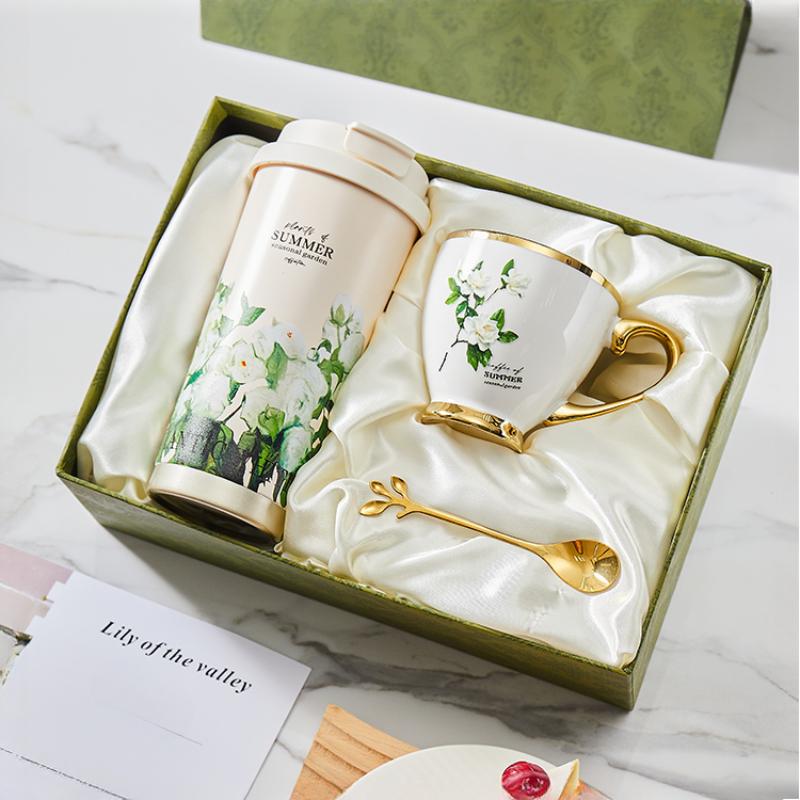 316 Stain Steel Thermos Cups 500ml Coffee Mug with Spoon Set of 3, Floral Ceramic Mug Gift Box for Birthday Wedding Christmas Valentine's Day