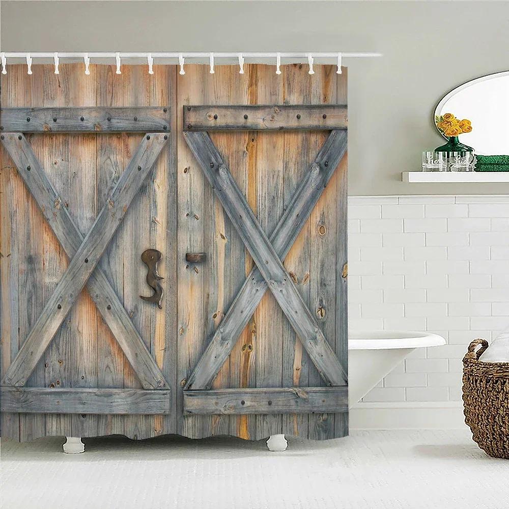 

Vintage Style Retro Wood Door Wall Hanging Shower Curtain Bathroom Bath Waterproof Decor Multi-Size Geometric Shower Curtains W60H190(CM)-1 Pcs