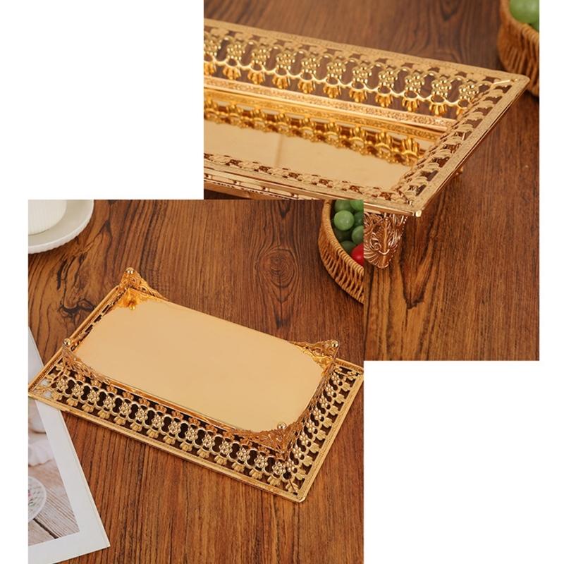 Multipurpose Decorative Iron Tray with Hollow Out Gold Pattern and Rectangular Shape for Fruit and Object Presentation