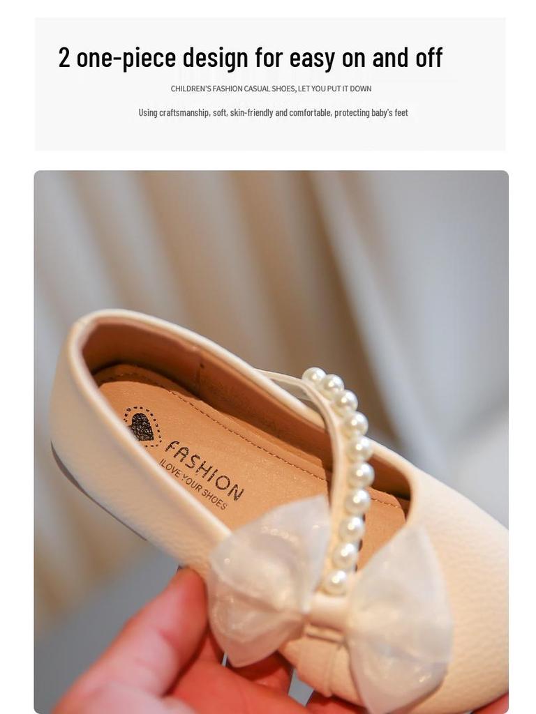 2025 Girls' Pearl White Leather Loafers for Spring & Autumn - Soft Sole, Fashionable Princess Shoes