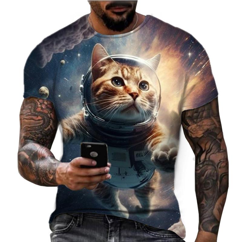 Sommer Rundhals Cooles Astronauten Katze Muster 3D Druck Top Modische Lässige Kurzarm Herren T-Shirts