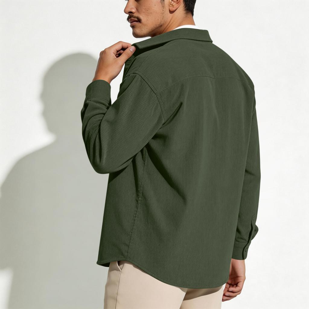 Men's Casual -color Lightweight Breathable Corduroy Button-down Shirt - Men's Stylish Loose-fitting Long-sleeved Shirt