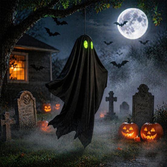 Spooky Yard Decor Halloween Hanging Ghost Outdoor Decoration, Black Fabric with Green Hallway Eyes for Outside Tree, Porch, Yard, Lawn, Haunted House