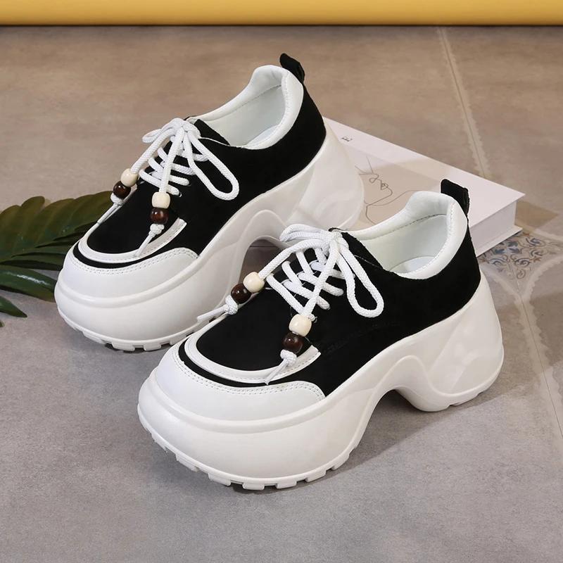 2025 New Shoes for Women Lace Up Outdoor High Quality Women Sneakers High Heels Sponge Bottom Casual Round Head Vulcanize Shoes