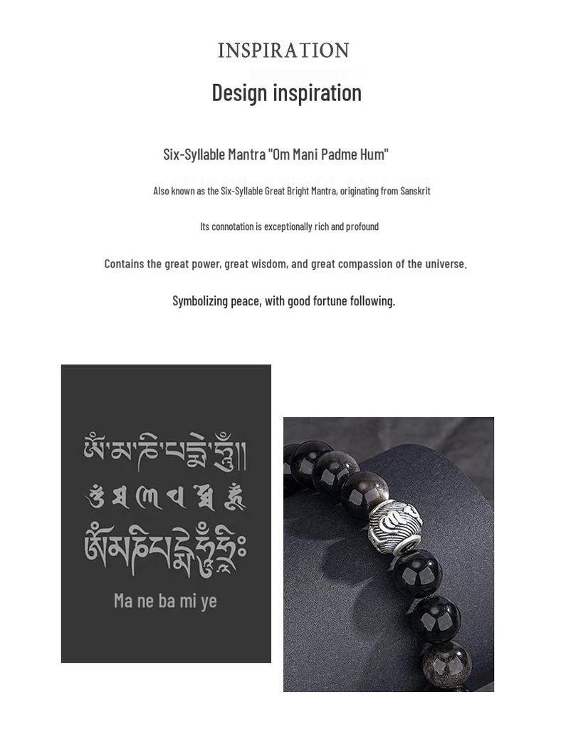 Teqiya Black Obsidian and Pure Silver Men's Beaded Bracelet - Six-Character Mantra Retro Design.