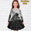 Girl Casual The Cat In the Grass Print Round Neck Long Sleeve Dress Kid Princess Dress