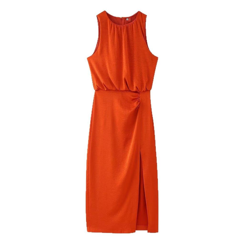 European and American street fashion pleated decorative silk satin texture dress, spring new women's clothing