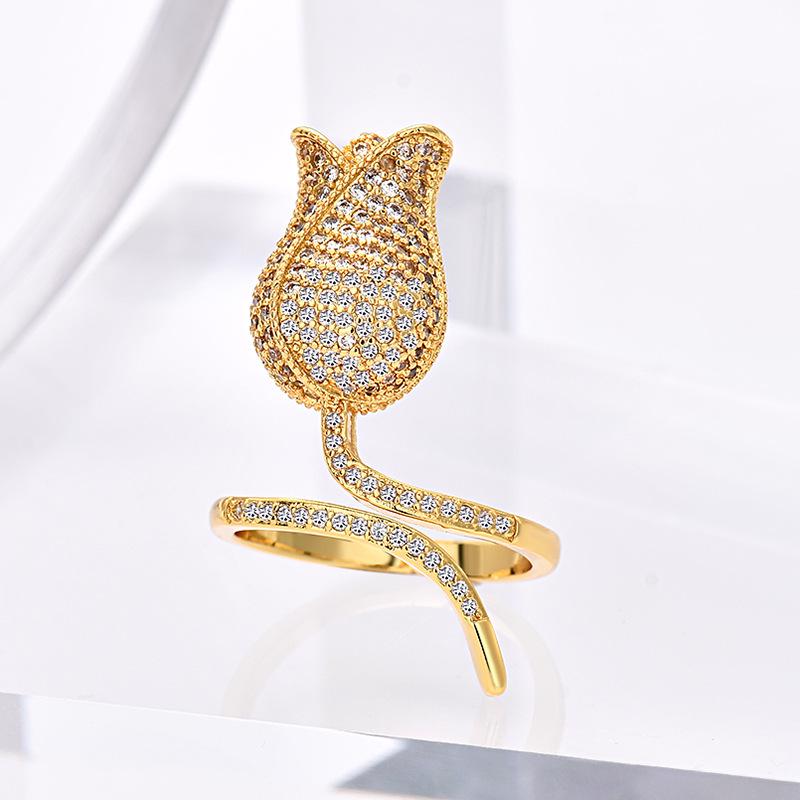 

Изысканное не тускнеющее 3D кольцо класса люкс с бриллиантовой розой Adjustable Open Size золотой