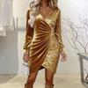 Women Velvet Sequin Wrap Mini Dress Long Sleeve V Neck Ruched Bodycon Dress Glitter Party Cocktail Club Dress