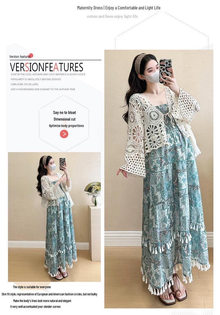 Knit Hollow Cardigan Maternity Set: Slimming Long Dress Two-Piece for Summer 2026, Age-Reducing Holiday Style