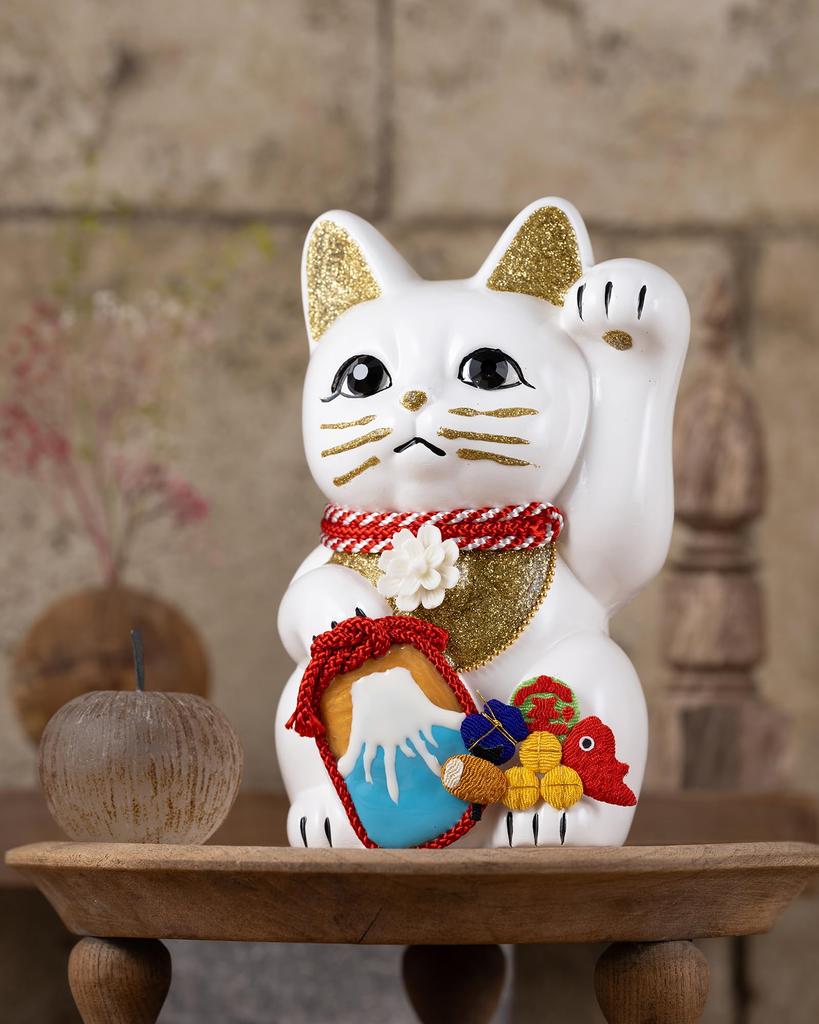 Lucky Cat Mount Fuji Left Paw Raised Ceramic Lucky Cat Fujiyama Auspicious Feng Shui Ornament Offering Box (M-SIZE White) / _ Maneki-neko (fj_M White)
