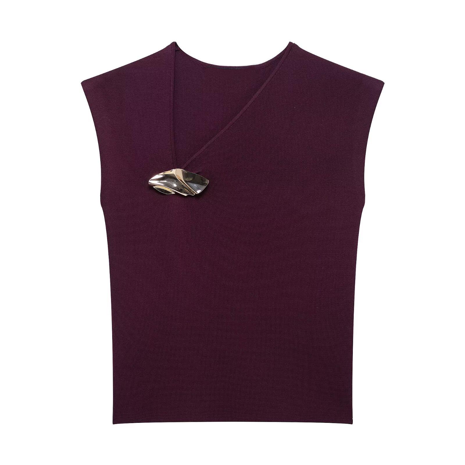 

2025 Spring Women s Slim Fit Gold-Trimmed V-Neck Sleeveless Knit Top Large багровый