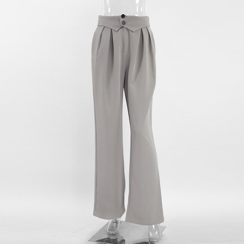 Womens High-Waisted Wide-Leg Trousers With Pleats French Grey Tailored Fit Breathable Blend Fabric Office Chic Style