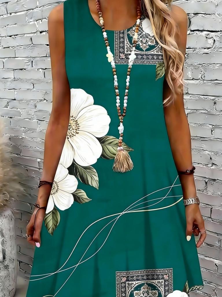 Women's Floral Print Round Neck Dress, Fashion Casual Sleeveless Short Dress for Daily Outdoor Wear, Ladies Dress for Summer
