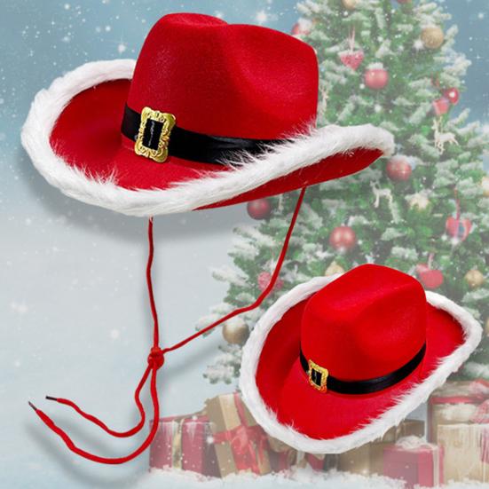 Cowboy Hat Christmas Themed White Furry Trim Soft Felt Material Jazz Top Hat Adjustable Red Tie Party Hat