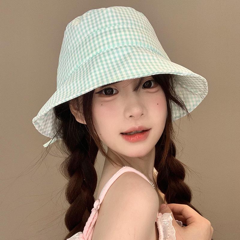 Spring New Bow Blue Plaid Fisherman Hat Children Show Washbasin Hat Sunshade Sun Hat