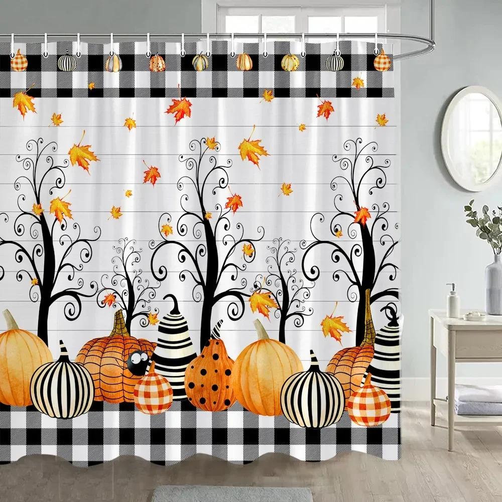 Fall Pumpkin Shower Curtains Yellow Maple Leaves Sunflower Black And White Buffalo Check Rustic Autumn Bathroom Decor With Hooks